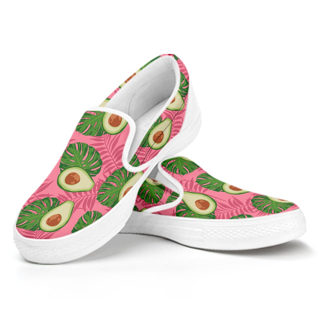 Pink Palm Leaf Avocado Print White Slip On Shoes