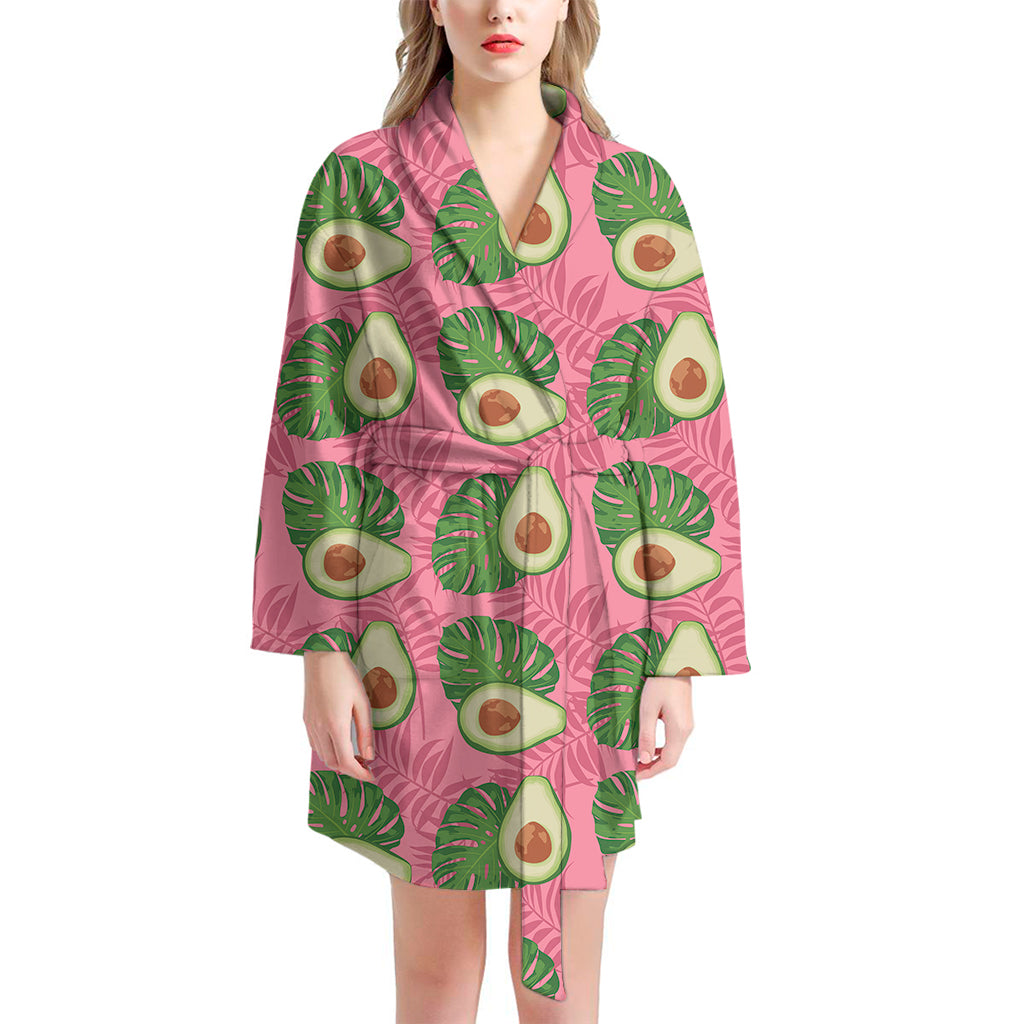 Pink Palm Leaf Avocado Print Women's Bathrobe