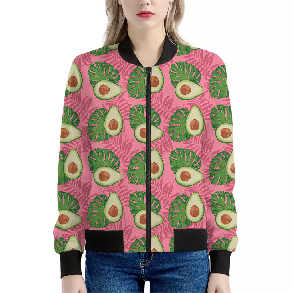 Pink Palm Leaf Avocado Print Women's Bomber Jacket