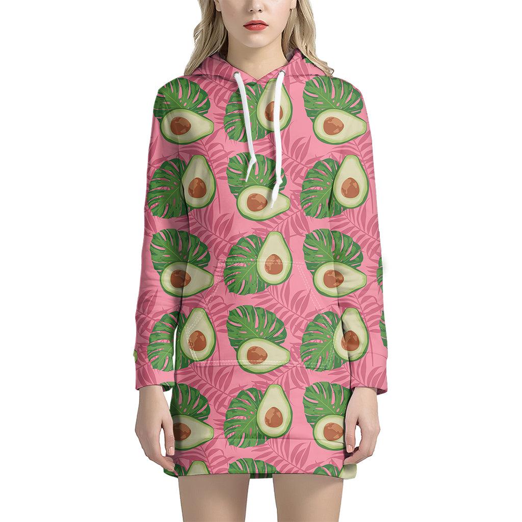 Pink Palm Leaf Avocado Print Women's Pullover Hoodie Dress