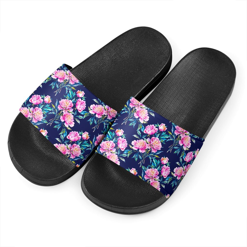 Pink Peony Floral Flower Pattern Print Black Slide Sandals