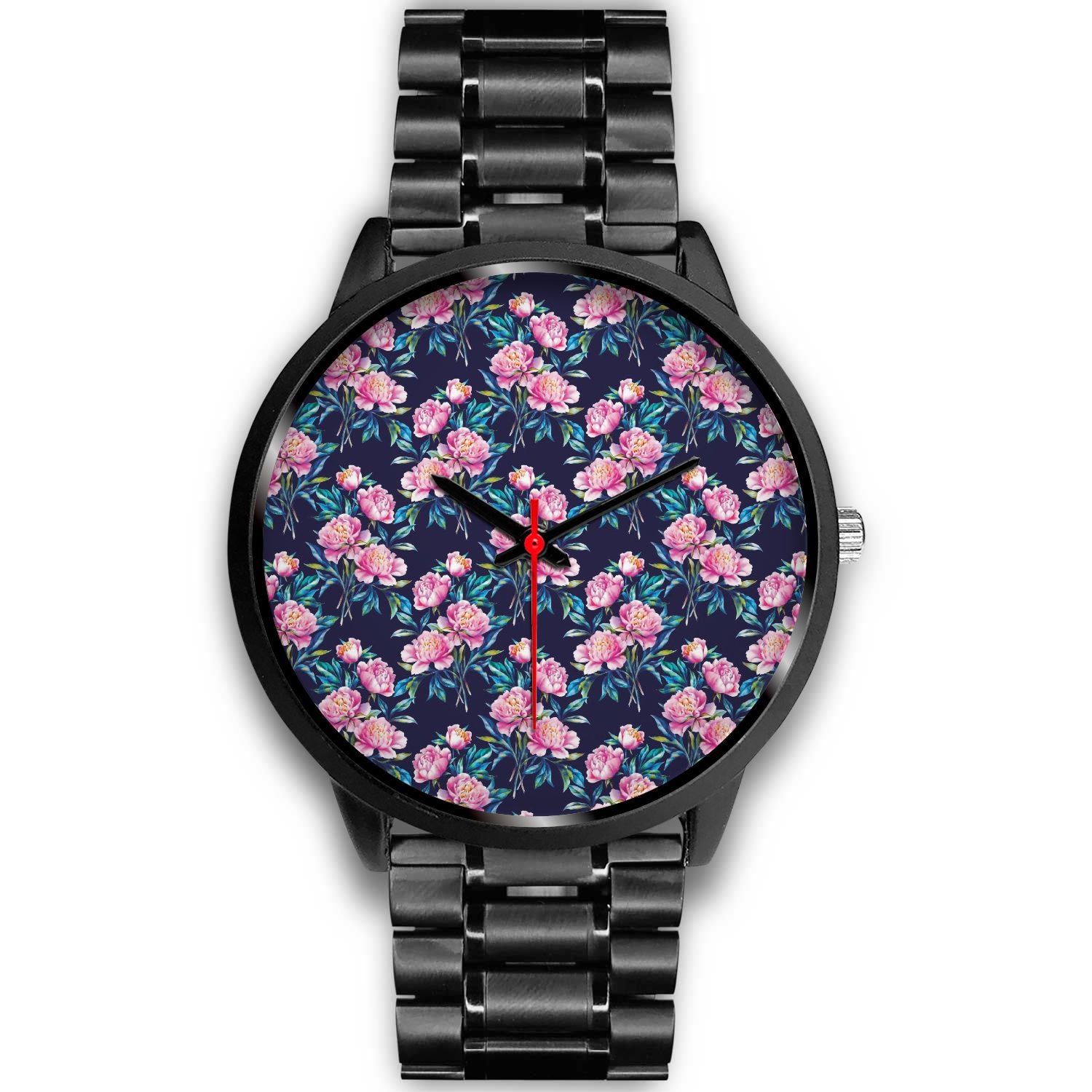 Pink Peony Floral Flower Pattern Print Black Watch