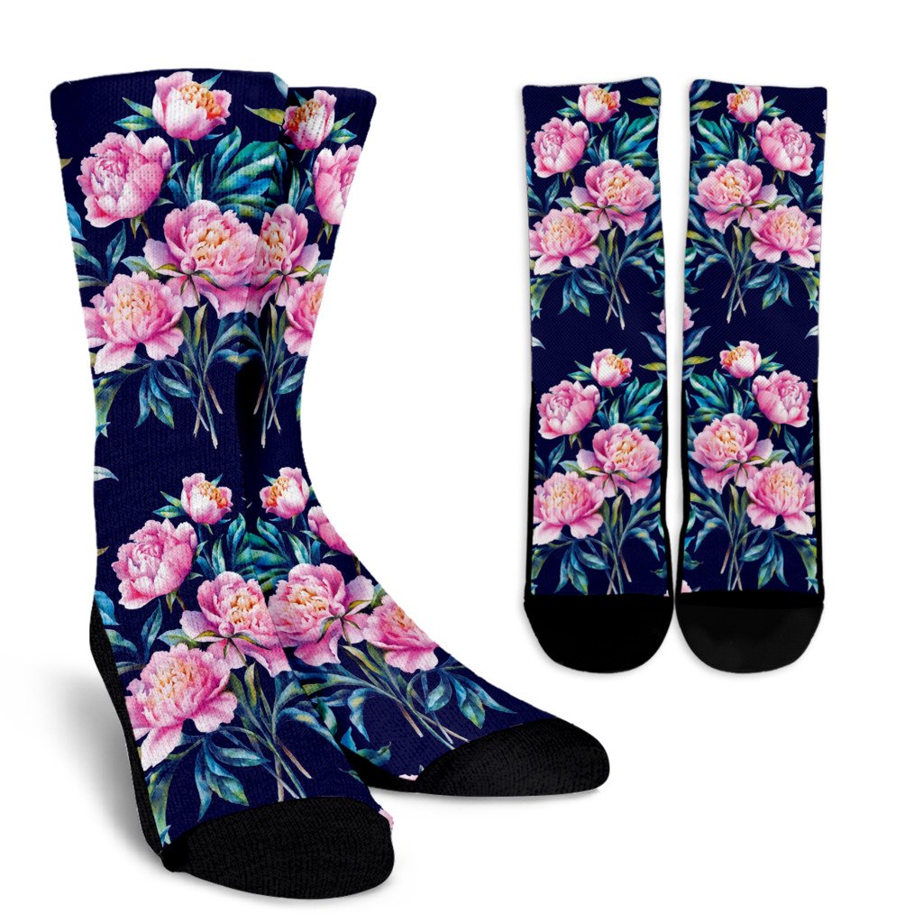 Pink Peony Floral Flower Pattern Print Crew Socks