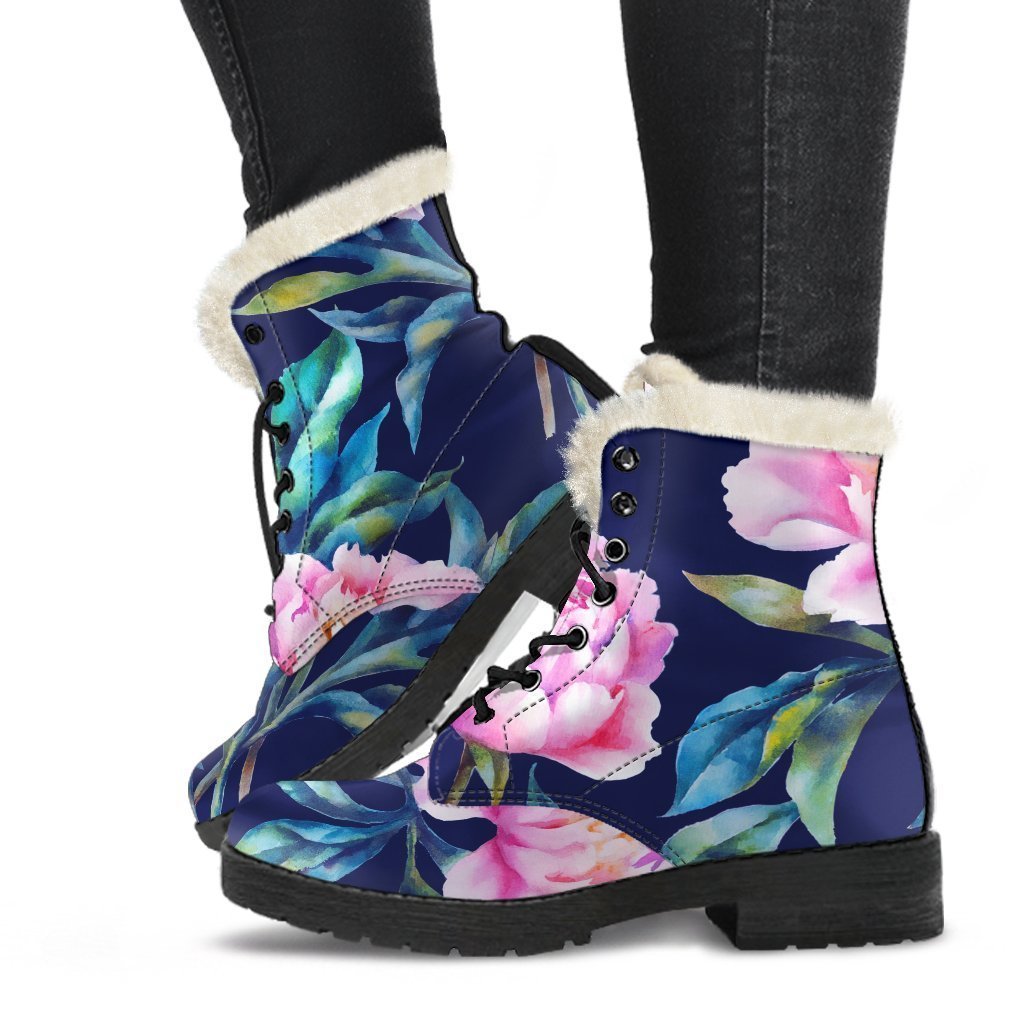 Pink Peony Floral Flower Pattern Print Faux Fur Leather Boots