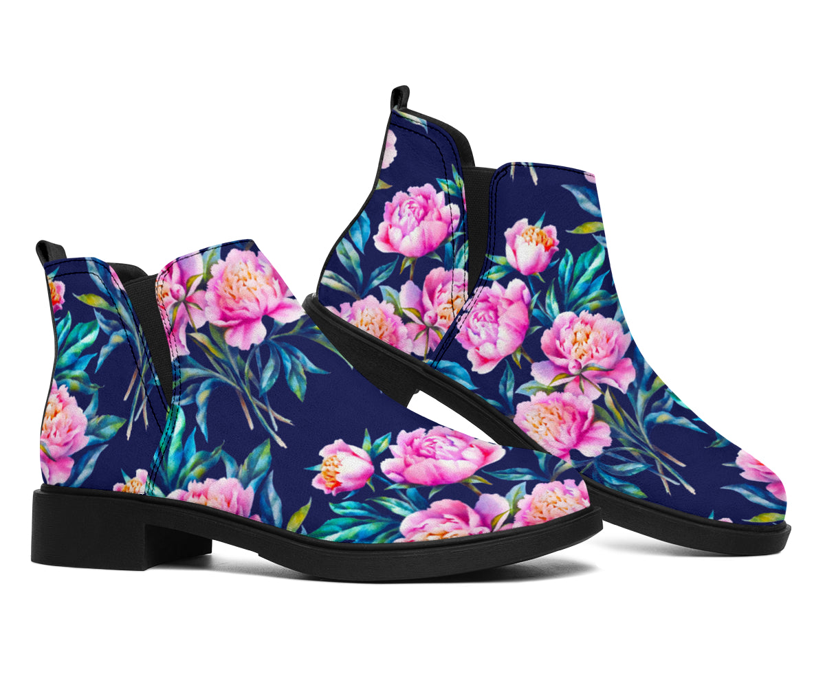 Pink Peony Floral Flower Pattern Print Flat Ankle Boots