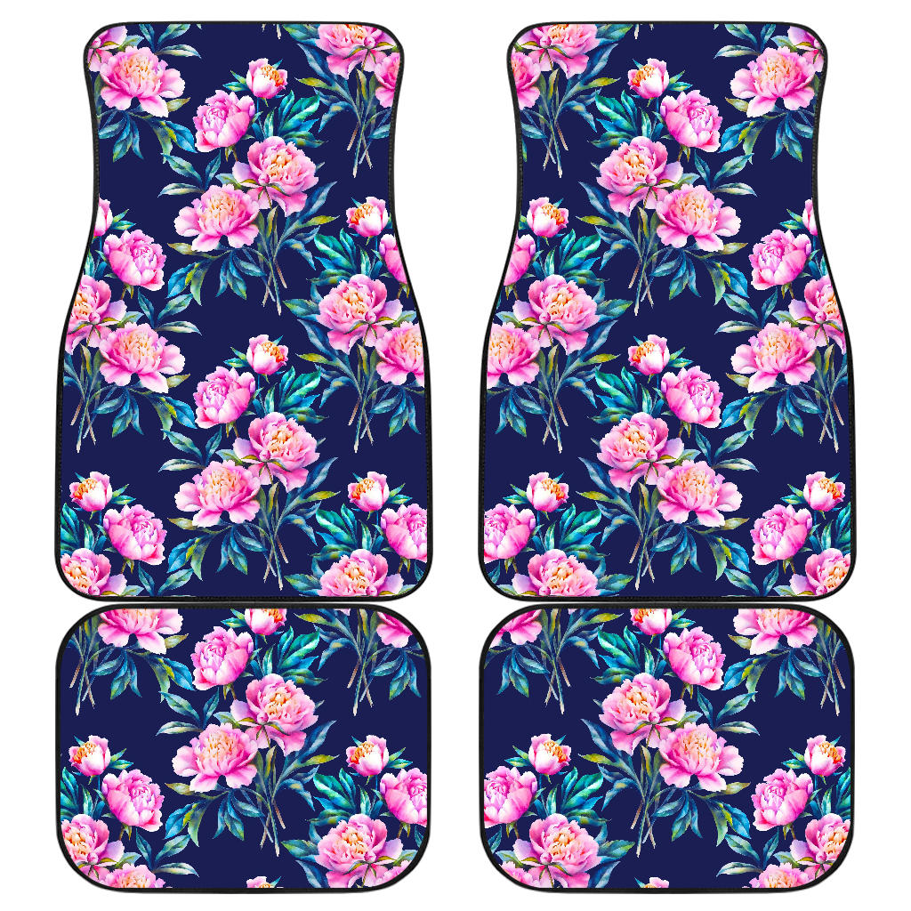 Pink Peony Floral Flower Pattern Print Front and Back Car Floor Mats