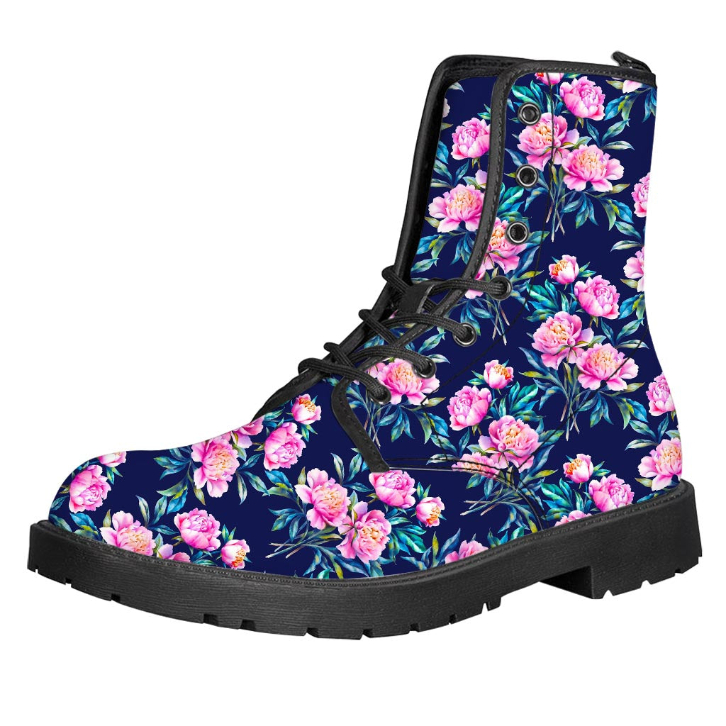 Pink Peony Floral Flower Pattern Print Leather Boots