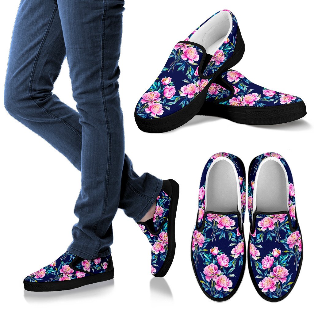 Pink Peony Floral Flower Pattern Print Men's Slip On Shoes