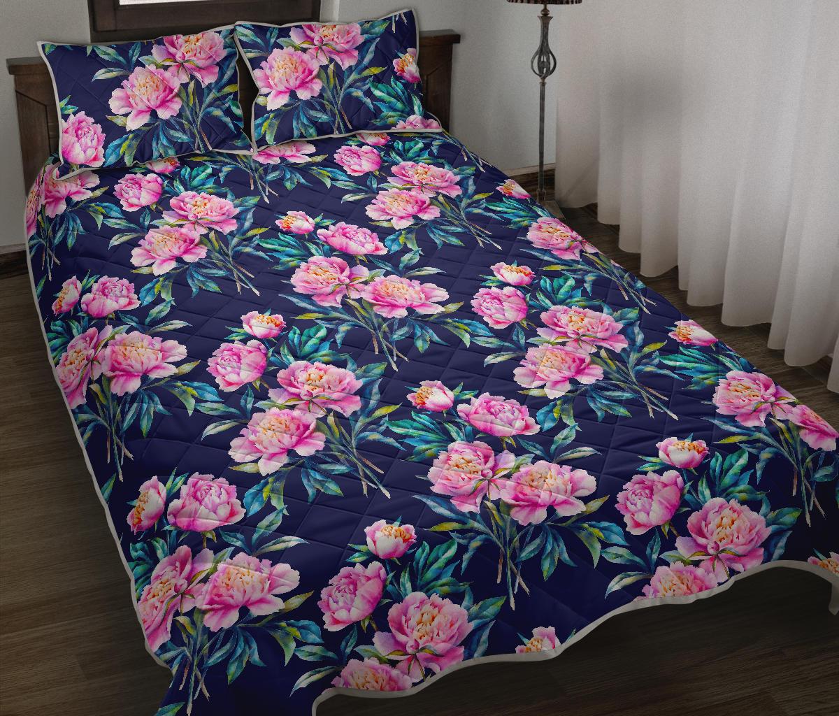 Pink Peony Floral Flower Pattern Print Quilt Bed Set