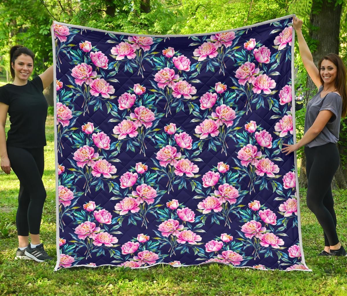 Pink Peony Floral Flower Pattern Print Quilt