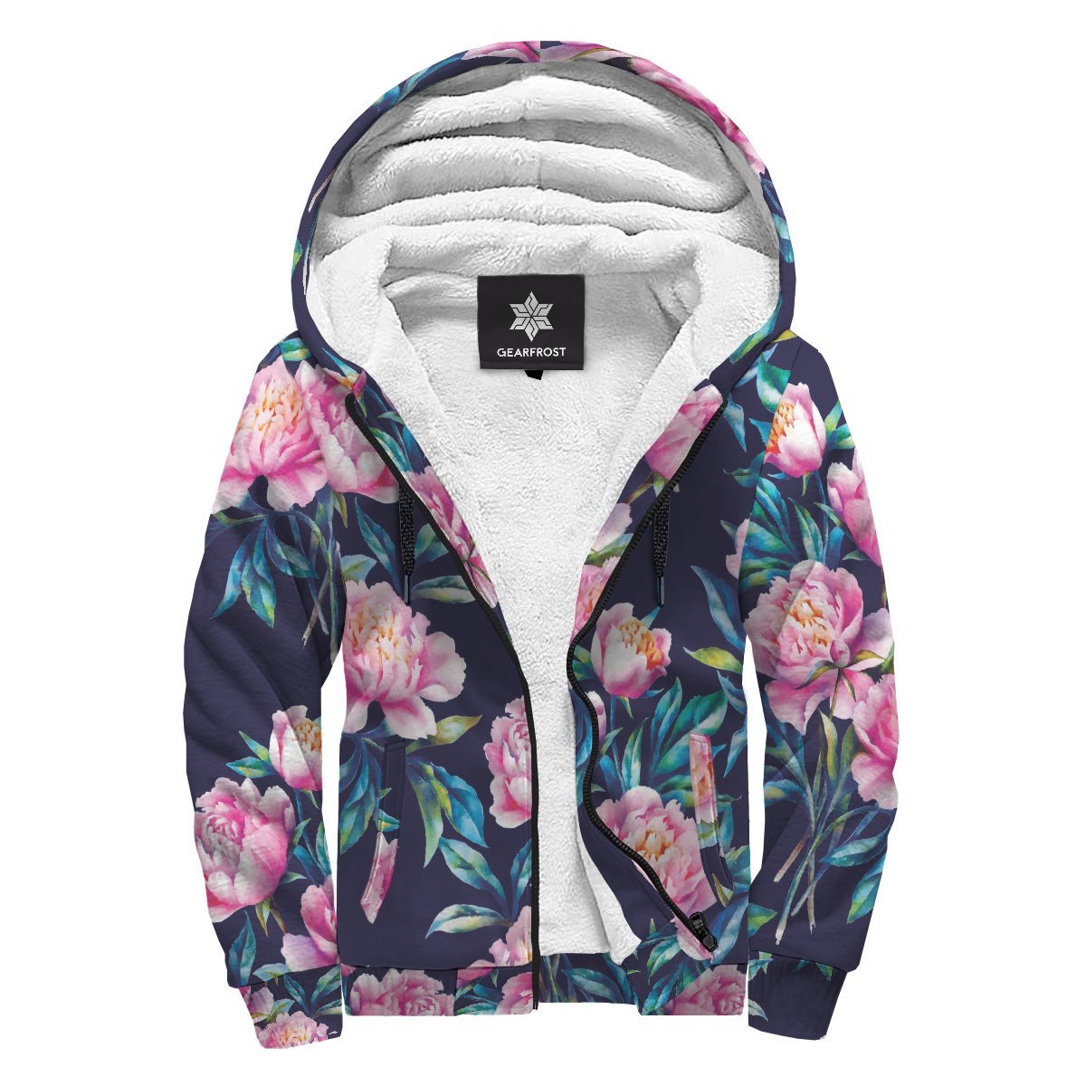 Pink Peony Floral Flower Pattern Print Sherpa Lined Fleece Hoodie