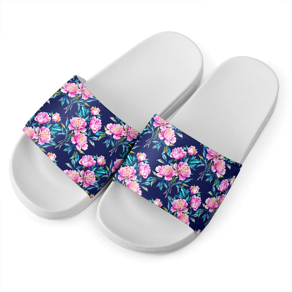 Pink Peony Floral Flower Pattern Print White Slide Sandals