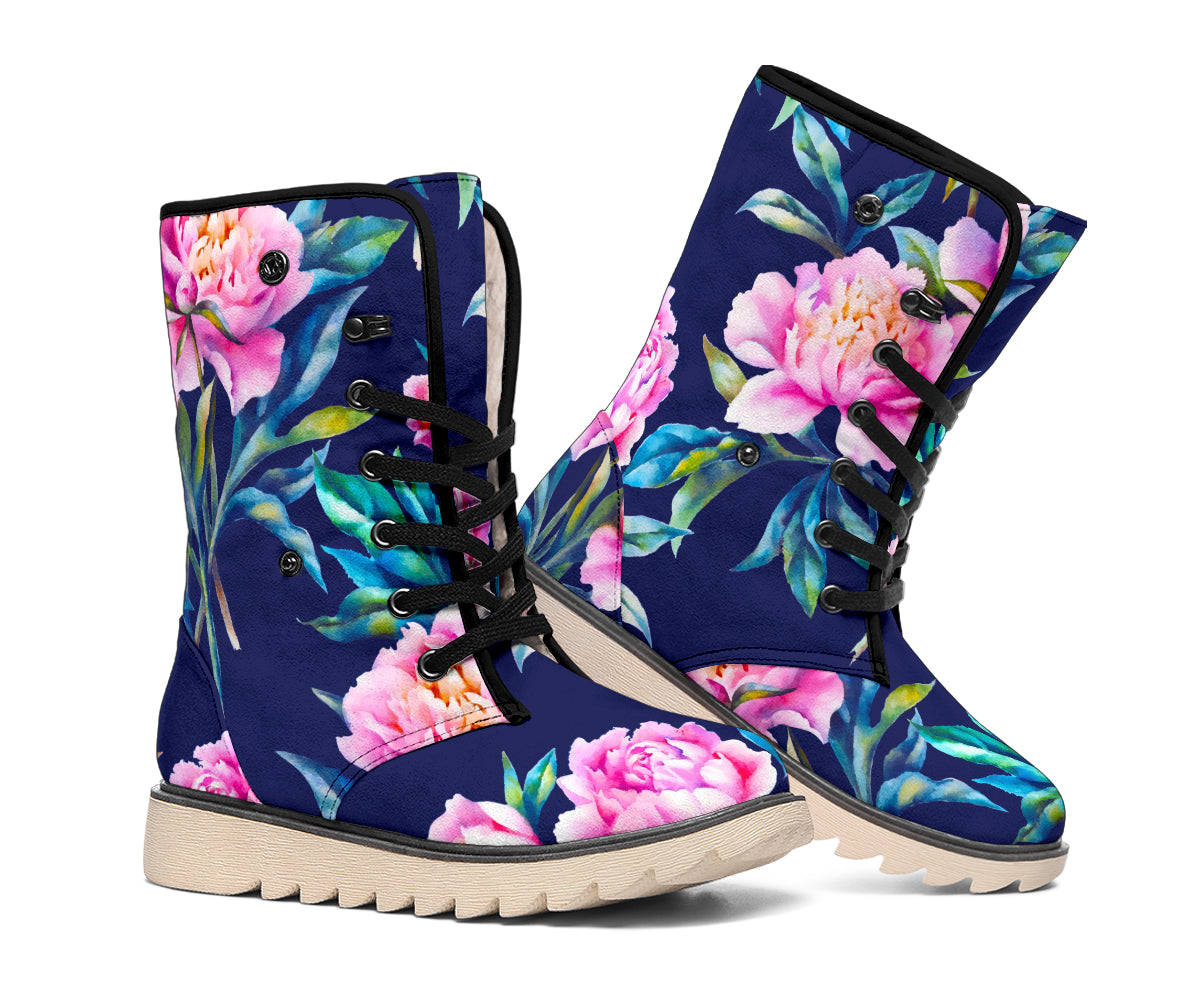 Pink Peony Floral Flower Pattern Print Winter Boots