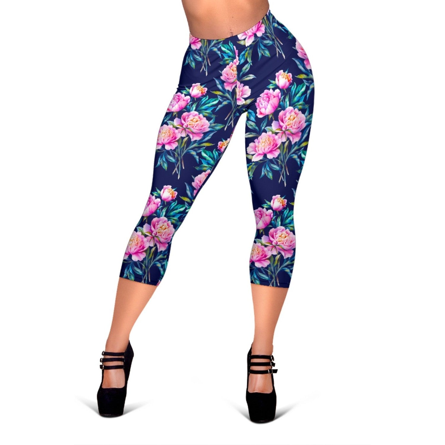 Pink Peony Floral Flower Pattern Print Women's Capri Leggings