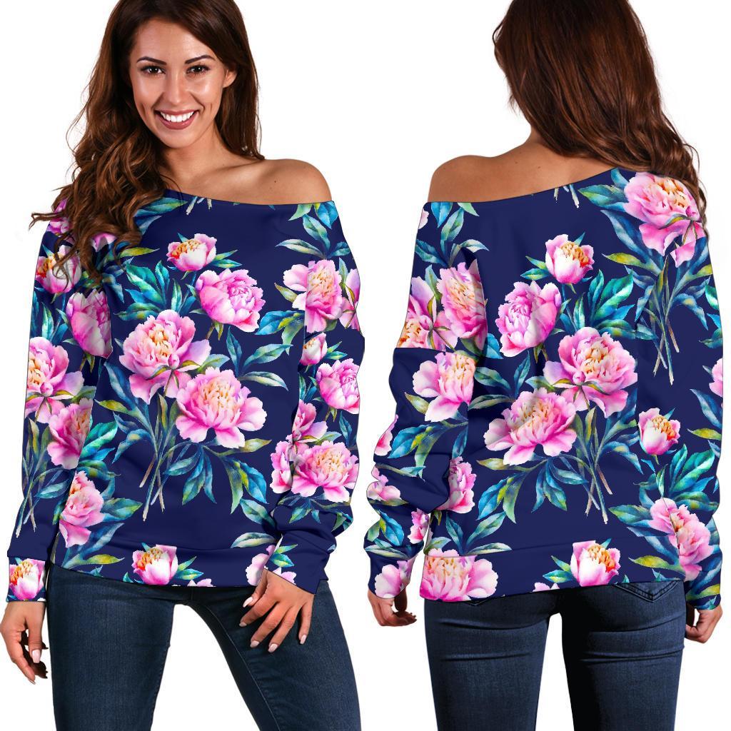 Pink Peony Floral Flower Pattern Print Women's Off-Shoulder Sweatshirt