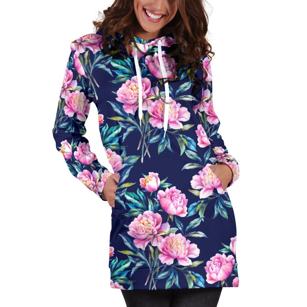 Pink Peony Floral Flower Pattern Print Women's Pullover Hoodie Dress