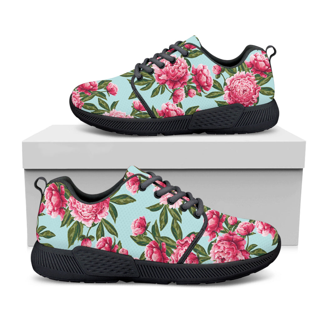 Pink Peony Pattern Print Black Athletic Shoes