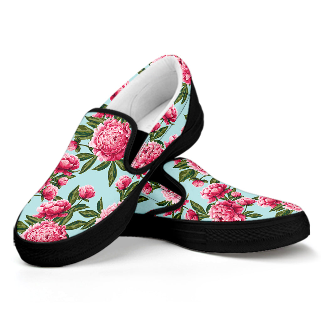 Pink Peony Pattern Print Black Slip On Shoes