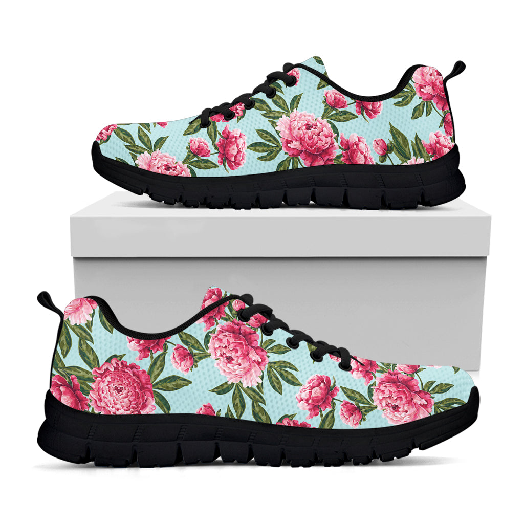 Pink Peony Pattern Print Black Sneakers