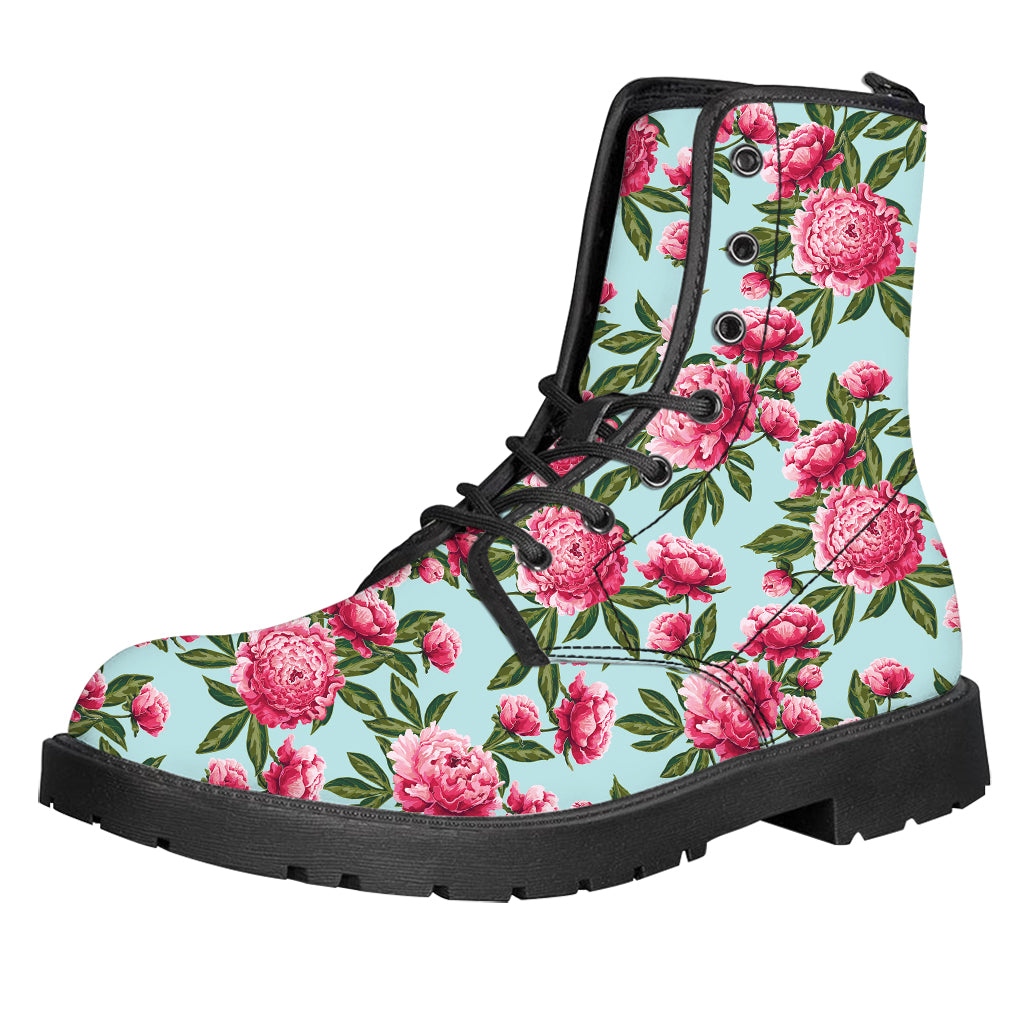 Pink Peony Pattern Print Leather Boots