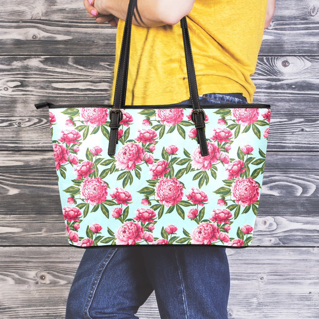 Pink Peony Pattern Print Leather Tote Bag