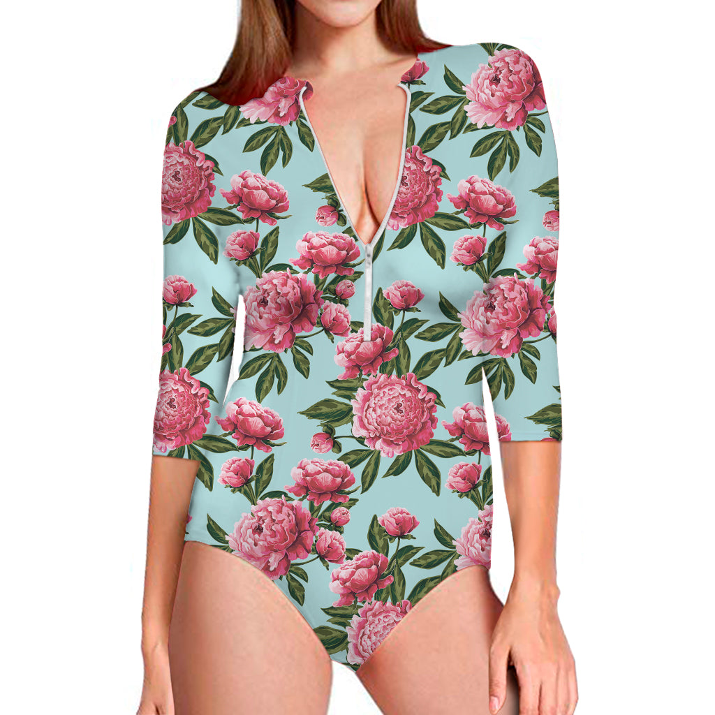 Pink Peony Pattern Print Long Sleeve One Piece Swimsuit