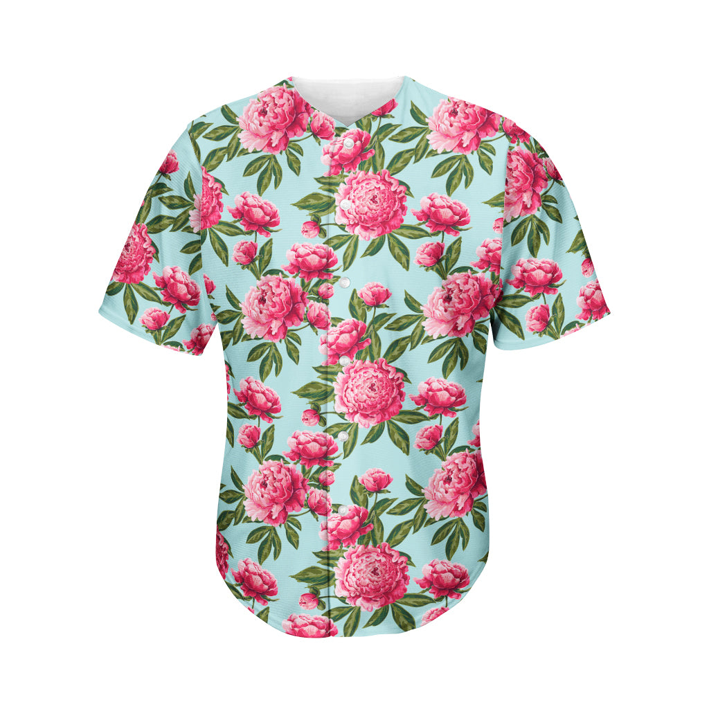 Pink Peony Pattern Print Men's Baseball Jersey