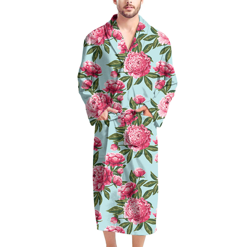 Pink Peony Pattern Print Men's Bathrobe