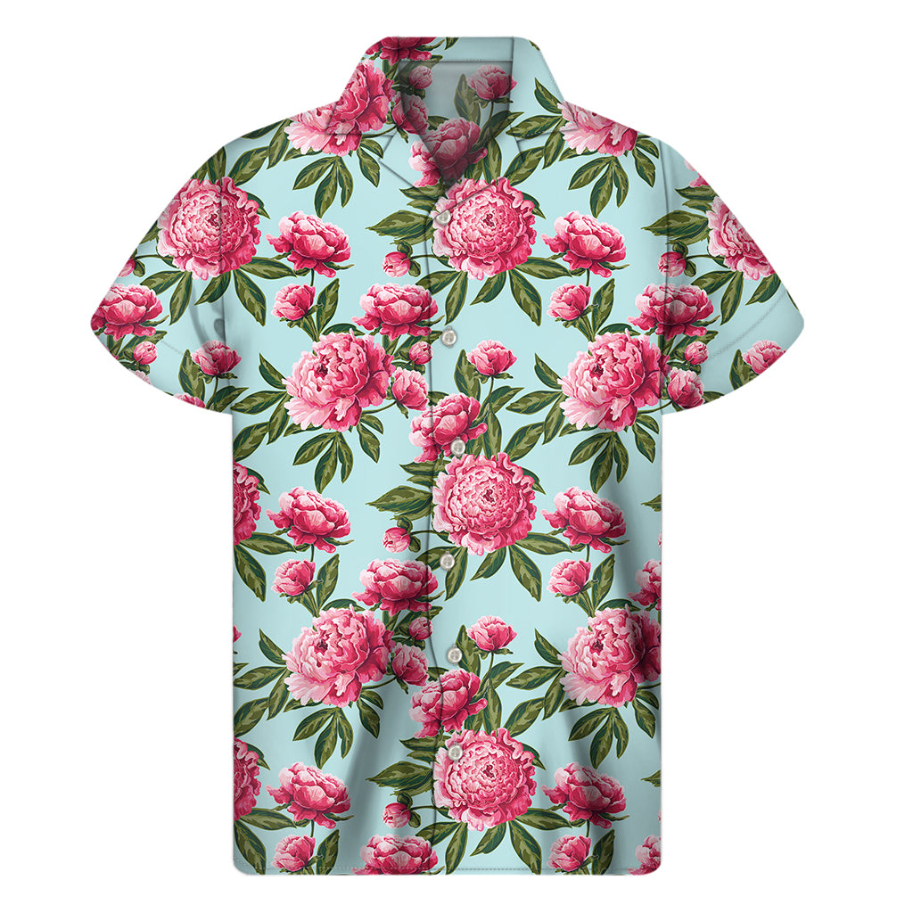 Pink Peony Pattern Print Men's Short Sleeve Shirt