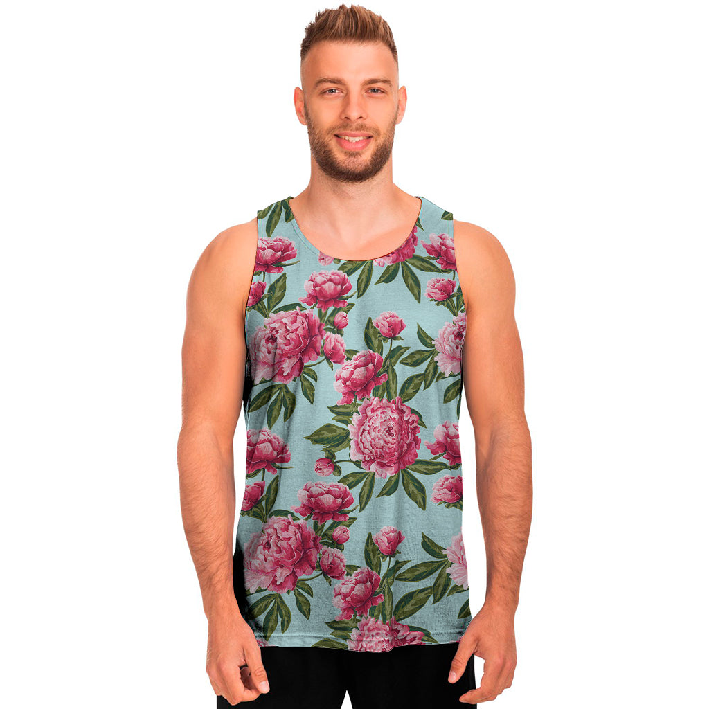 Pink Peony Pattern Print Men's Tank Top