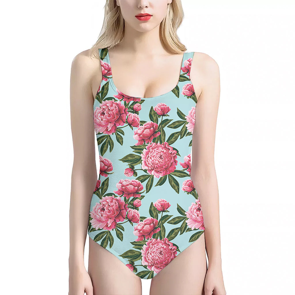 Pink Peony Pattern Print One Piece Halter Neck Swimsuit