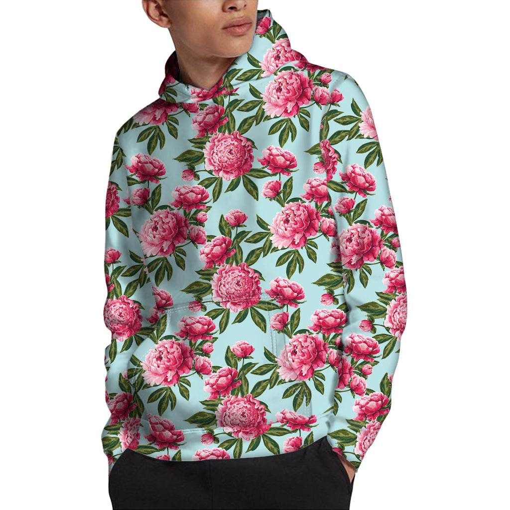 Pink Peony Pattern Print Pullover Hoodie