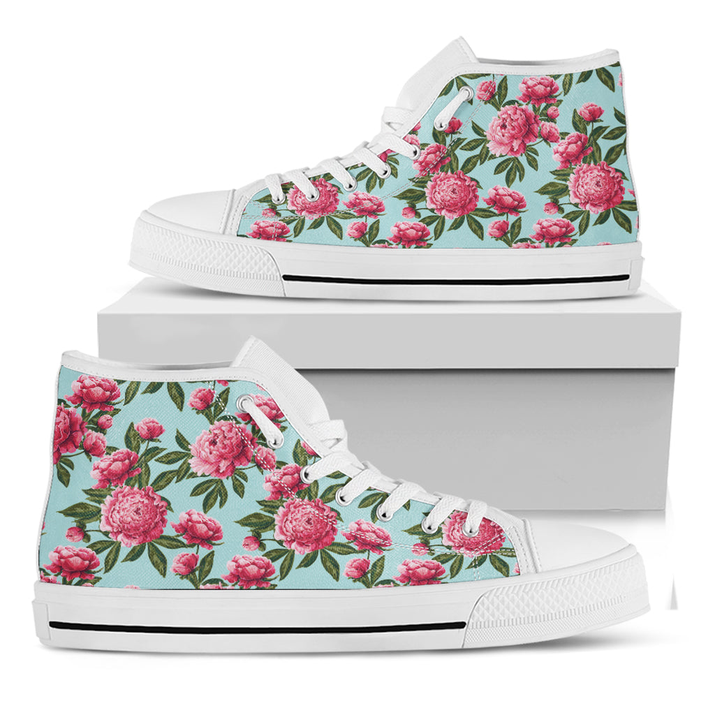 Pink Peony Pattern Print White High Top Shoes