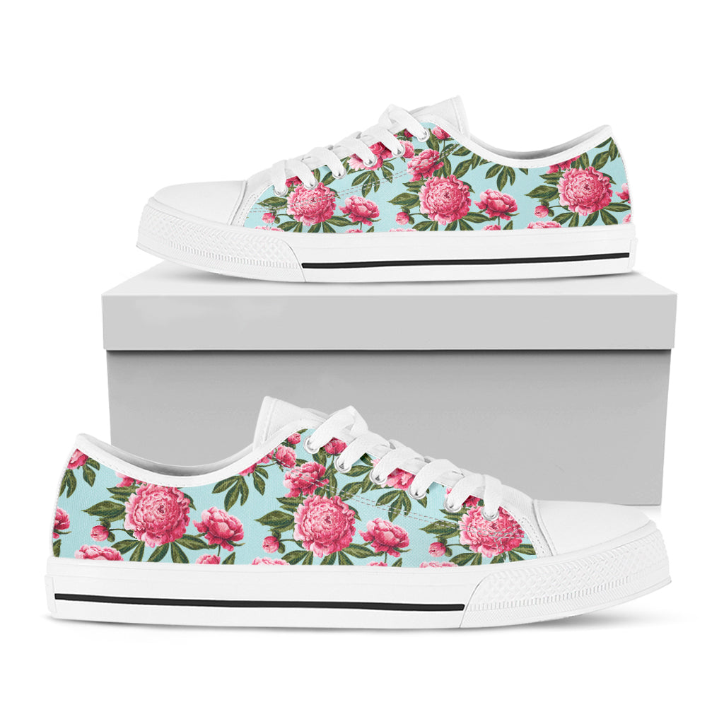 Pink Peony Pattern Print White Low Top Shoes