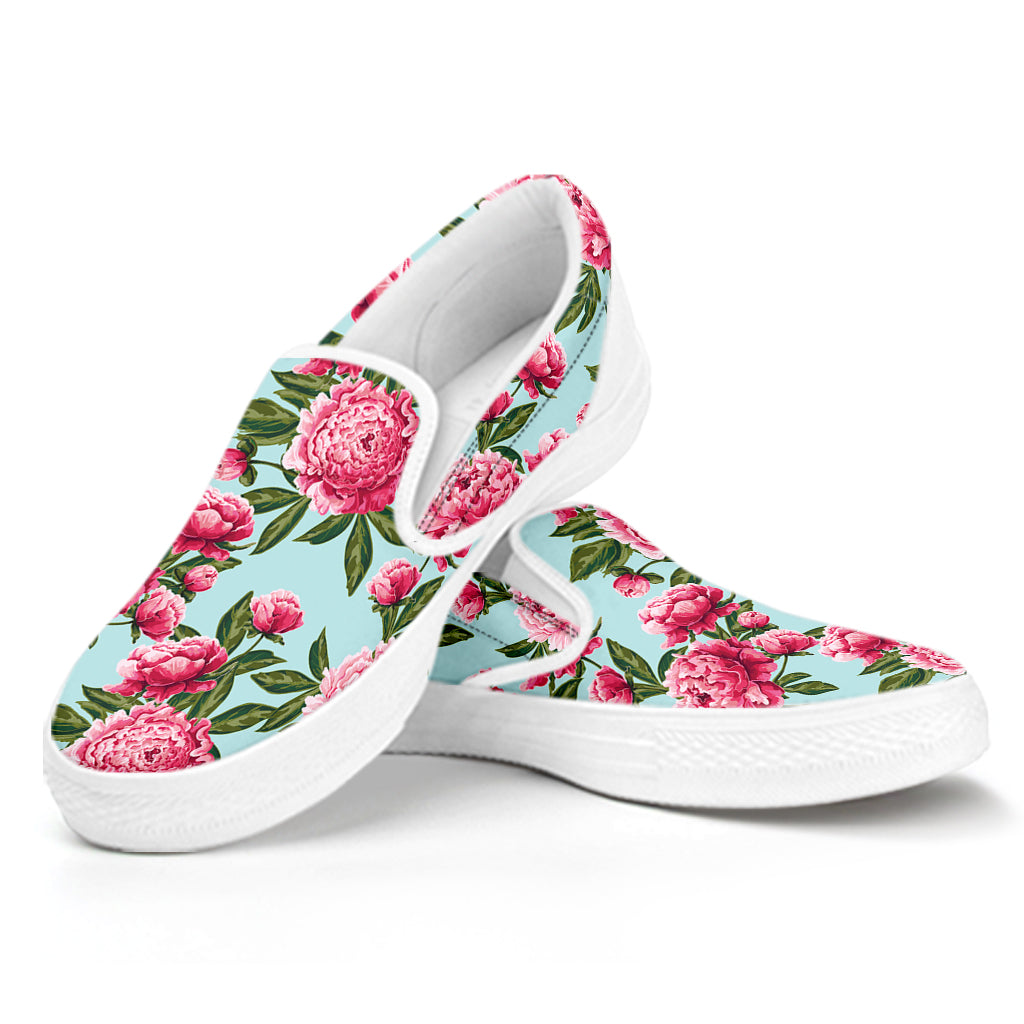 Pink Peony Pattern Print White Slip On Shoes