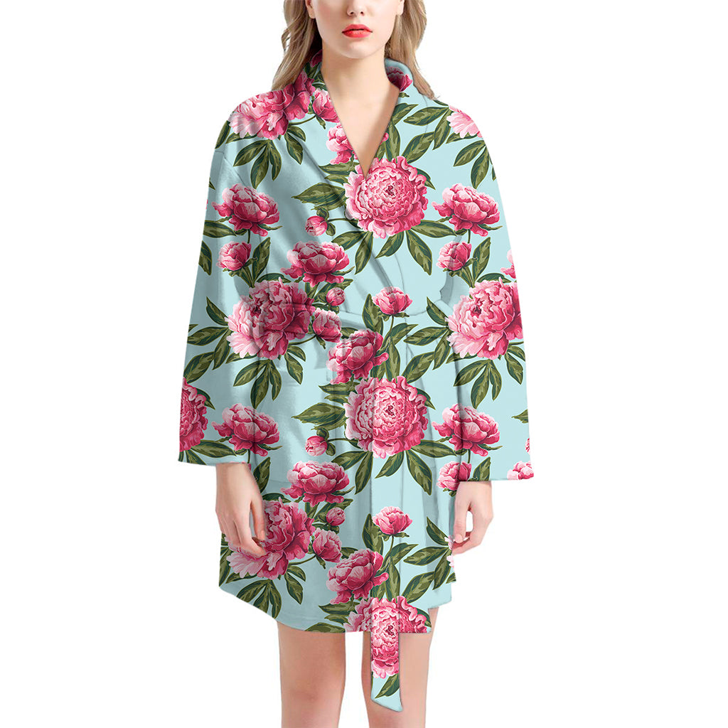 Pink Peony Pattern Print Women's Bathrobe