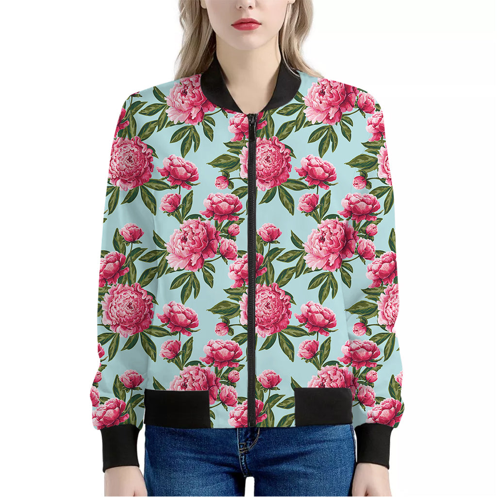 Pink Peony Pattern Print Women's Bomber Jacket