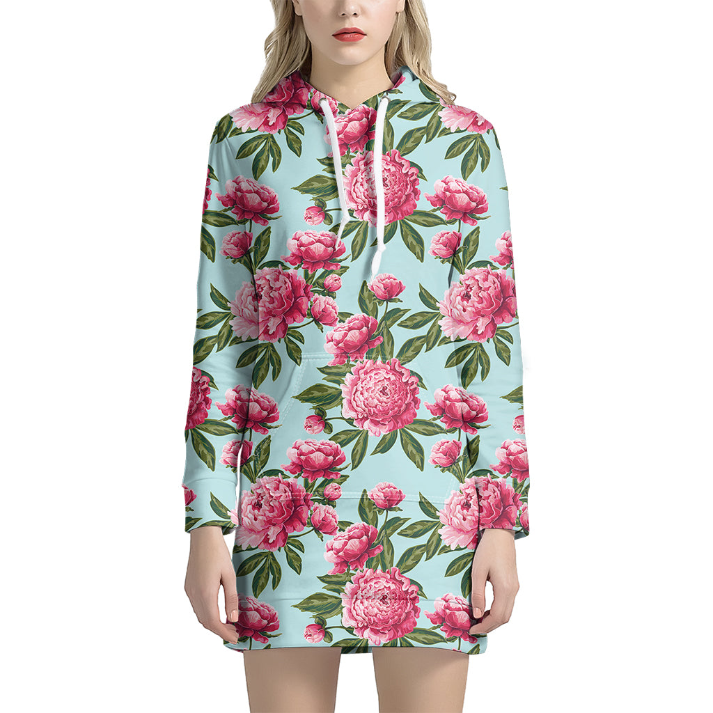 Pink Peony Pattern Print Women's Pullover Hoodie Dress