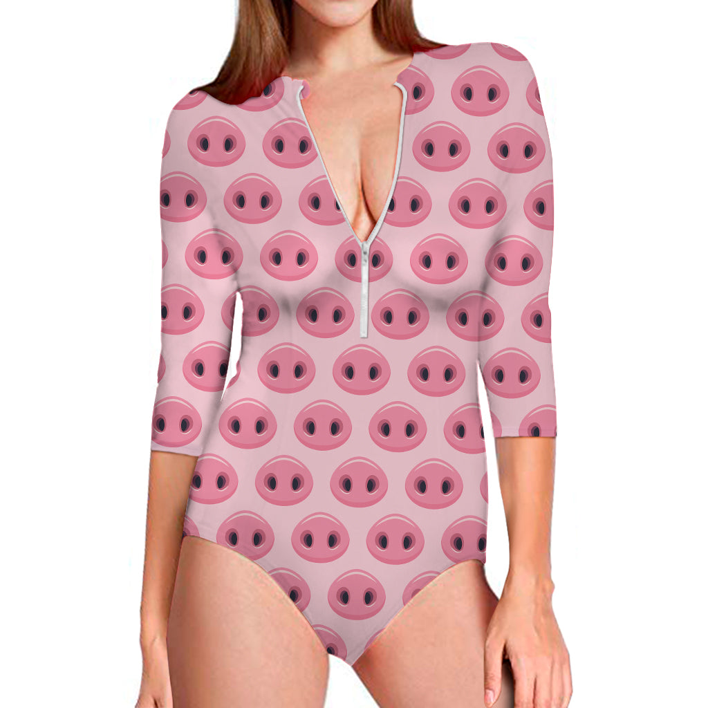 Pink Pig Nose Pattern Print Long Sleeve One Piece Swimsuit