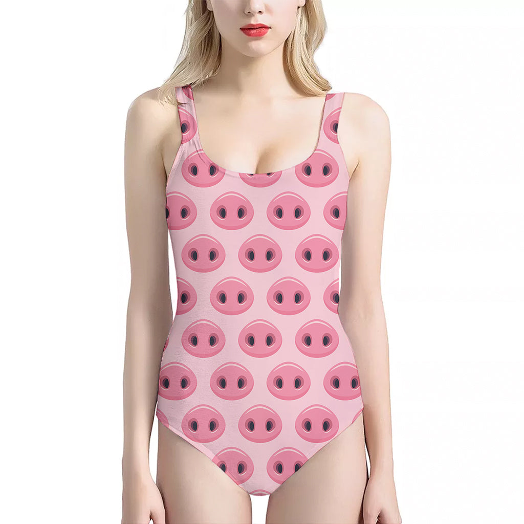 Pink Pig Nose Pattern Print One Piece Halter Neck Swimsuit