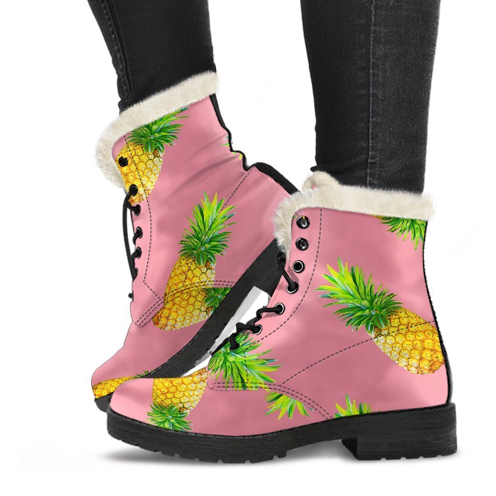 Pink Pineapple Pattern Print Faux Fur Leather Boots