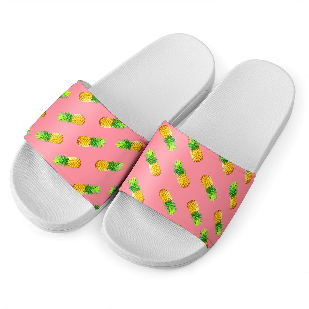 Pink Pineapple Pattern Print White Slide Sandals