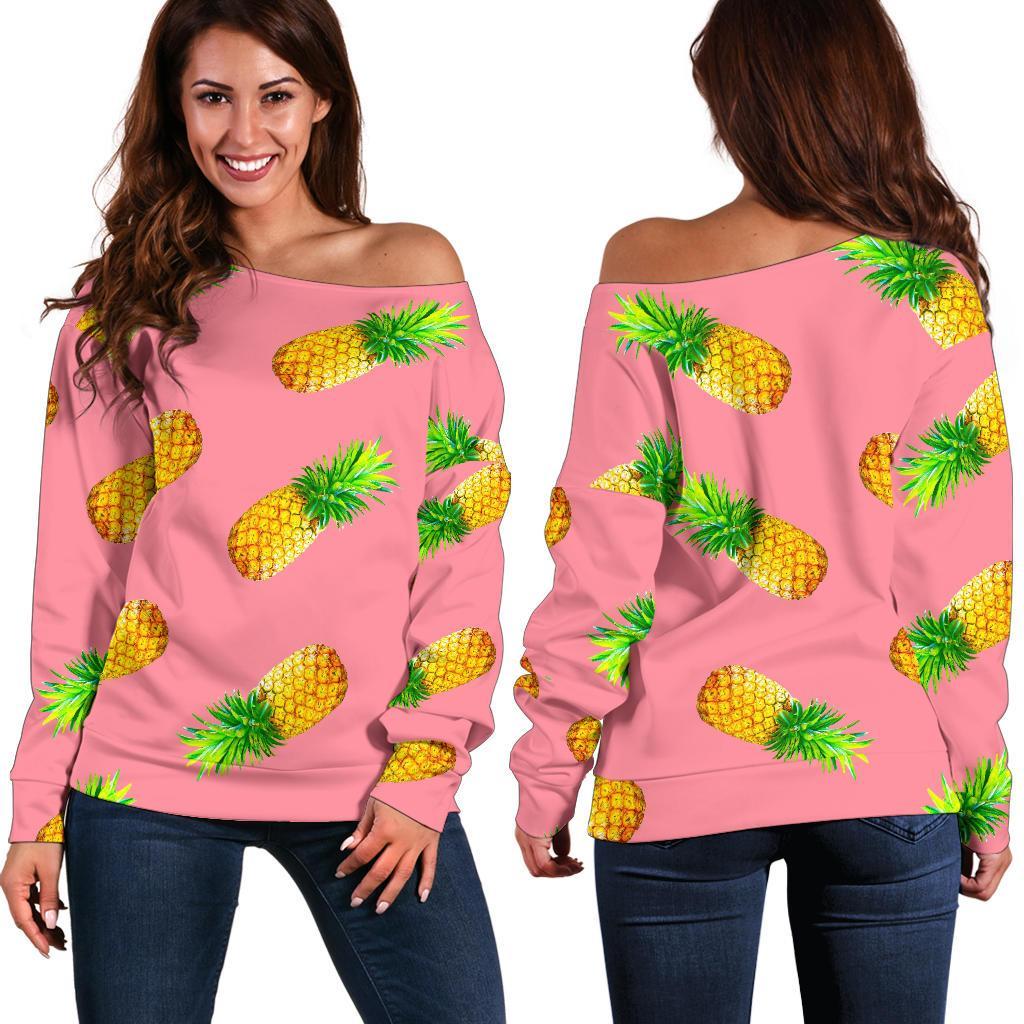 Pink Pineapple Pattern Print Women's Off-Shoulder Sweatshirt