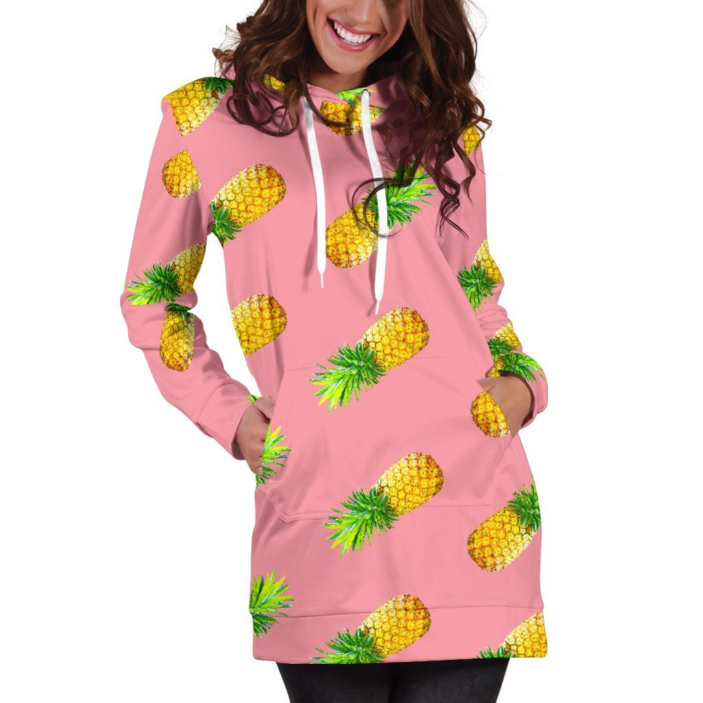 Pink Pineapple Pattern Print Women's Pullover Hoodie Dress