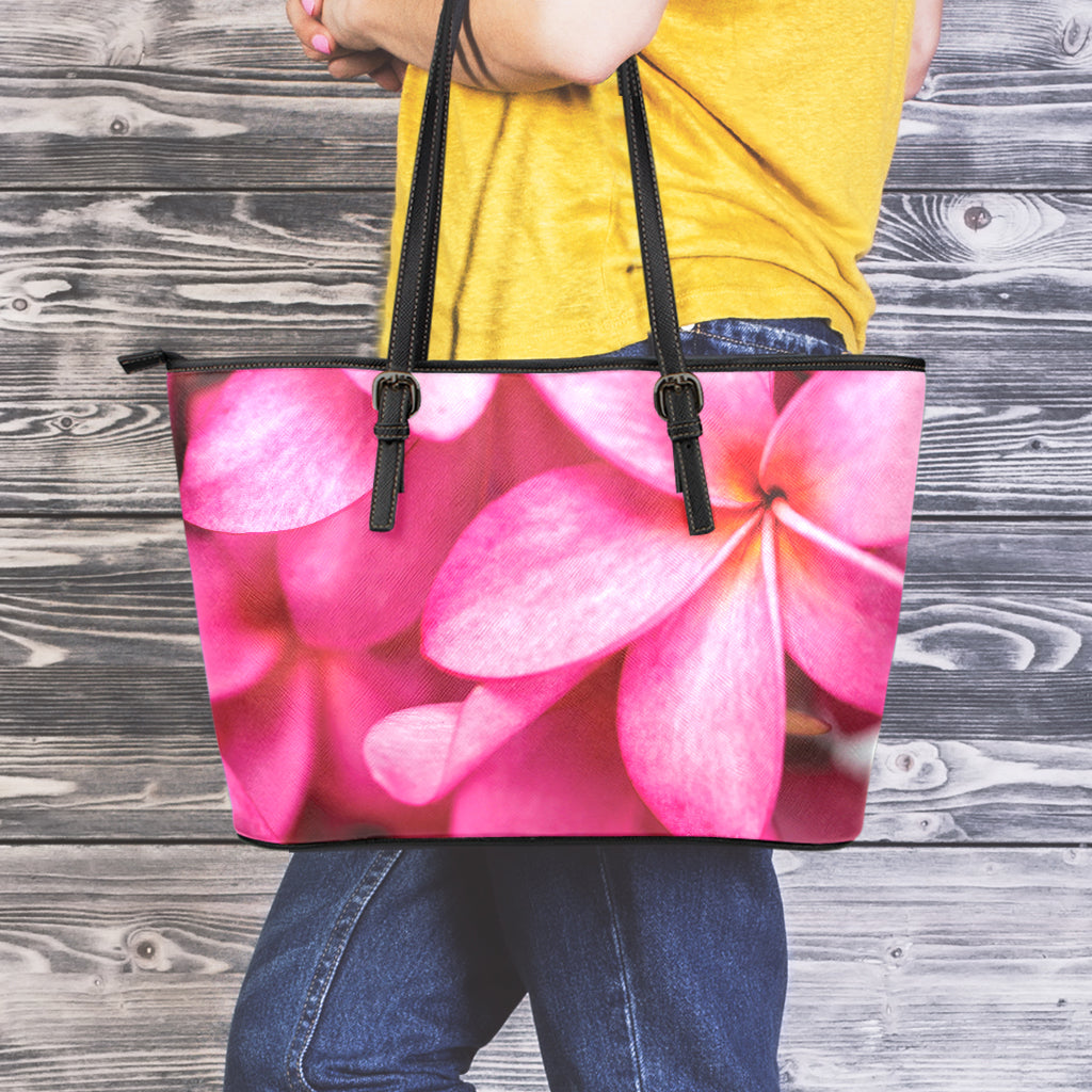 Pink Plumeria Flower Print Leather Tote Bag