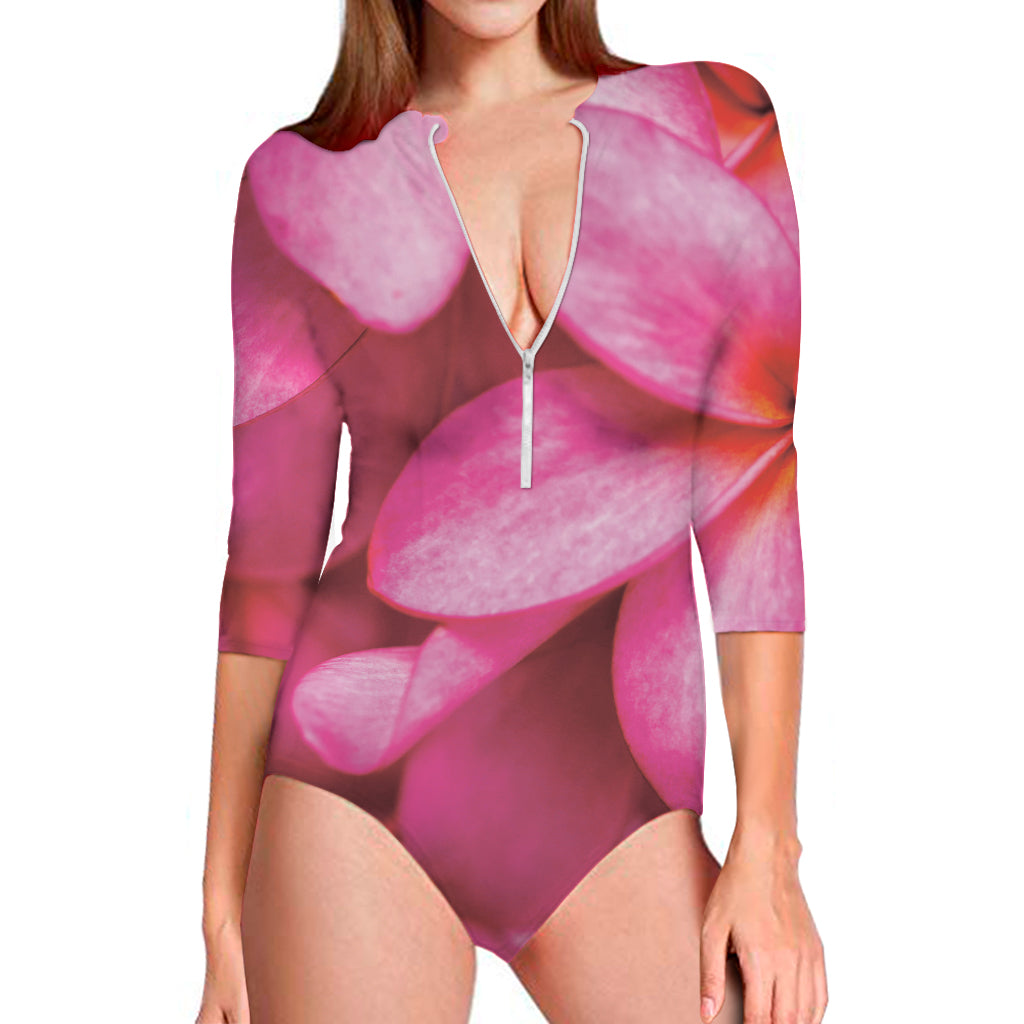 Pink Plumeria Flower Print Long Sleeve One Piece Swimsuit