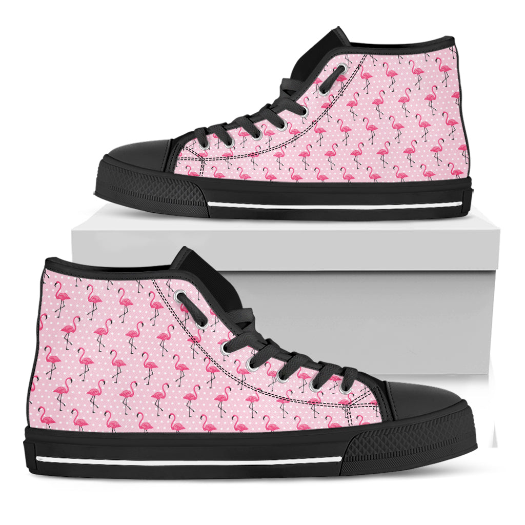 Pink Polka Dot Flamingo Pattern Print Black High Top Shoes