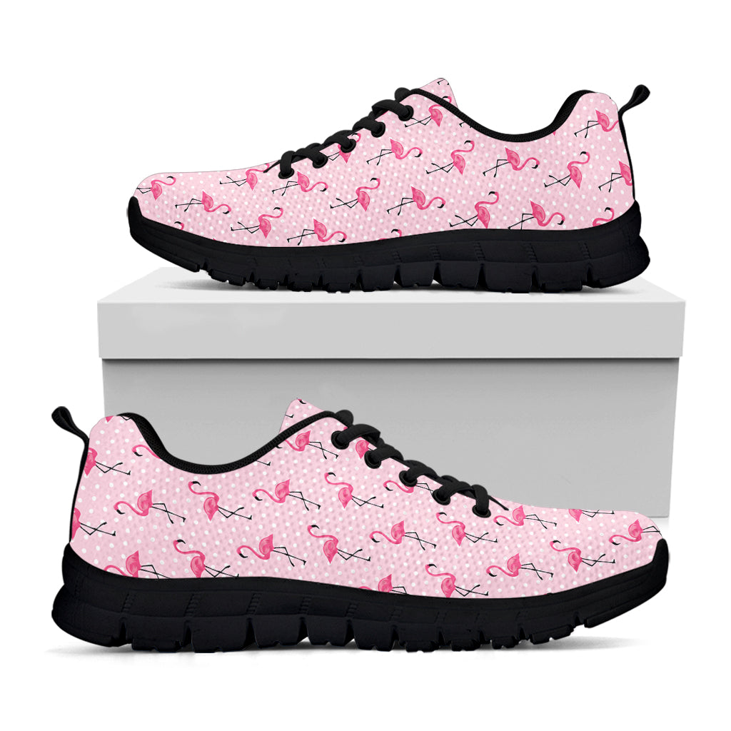 Pink Polka Dot Flamingo Pattern Print Black Sneakers