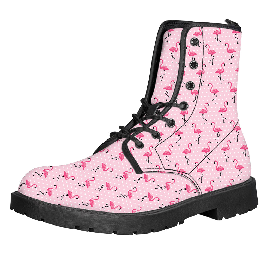 Pink Polka Dot Flamingo Pattern Print Leather Boots