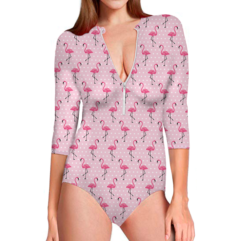 Pink Polka Dot Flamingo Pattern Print Long Sleeve One Piece Swimsuit